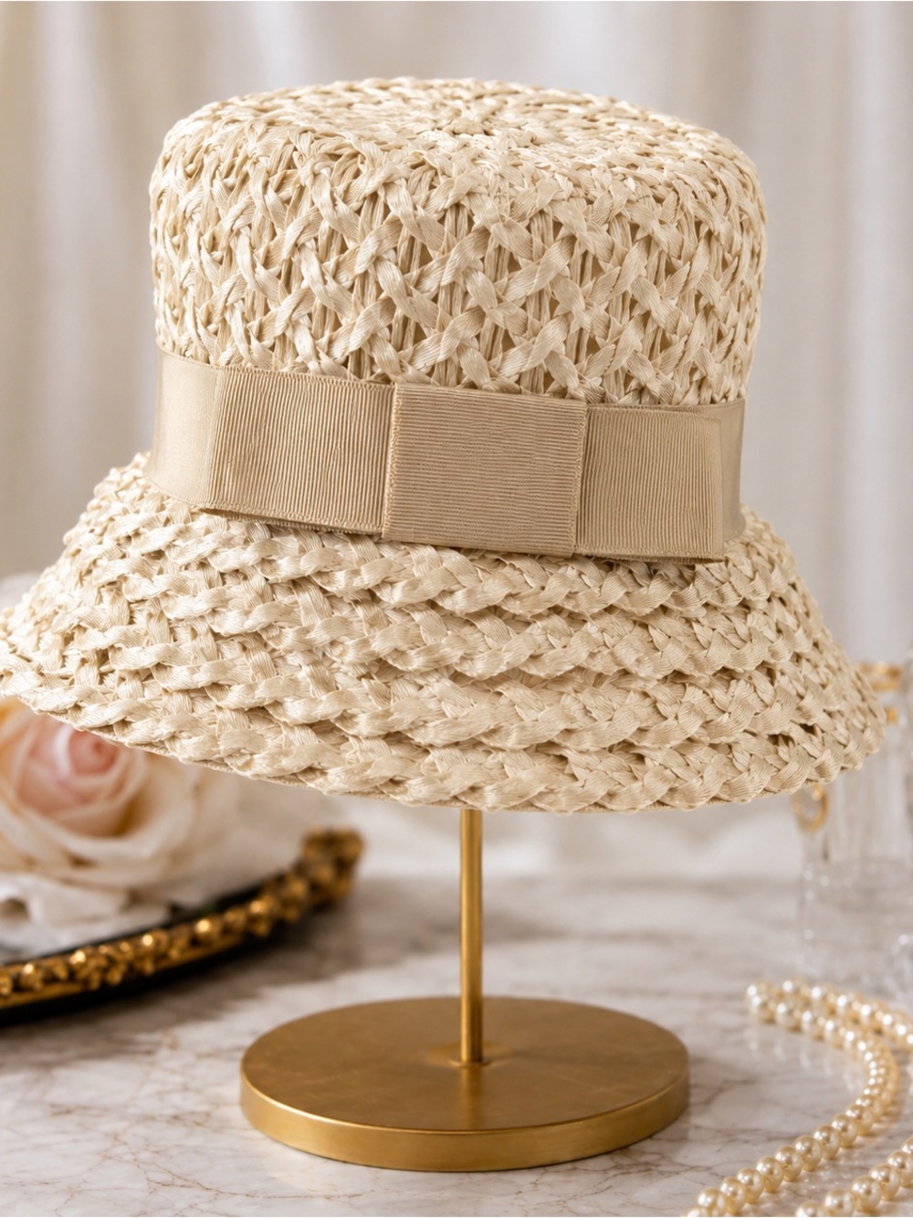 Vintage Union Made USA Ivory Woven Raffia Bucket Hat with Ribbon Bow